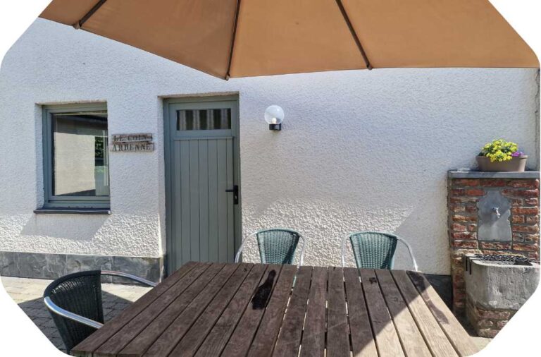 Vue extérieure du gîte La Pommeraie Le Coin Ardenne: la terrasse