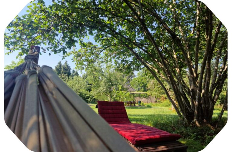 Vue sur un espace de détente sous le noisetier dans le jardin